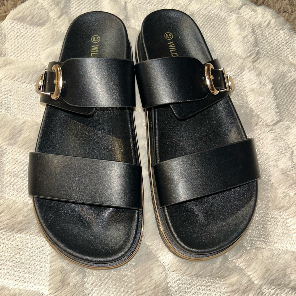 Wild Diva Black Slide Sandals with Gold Buckle